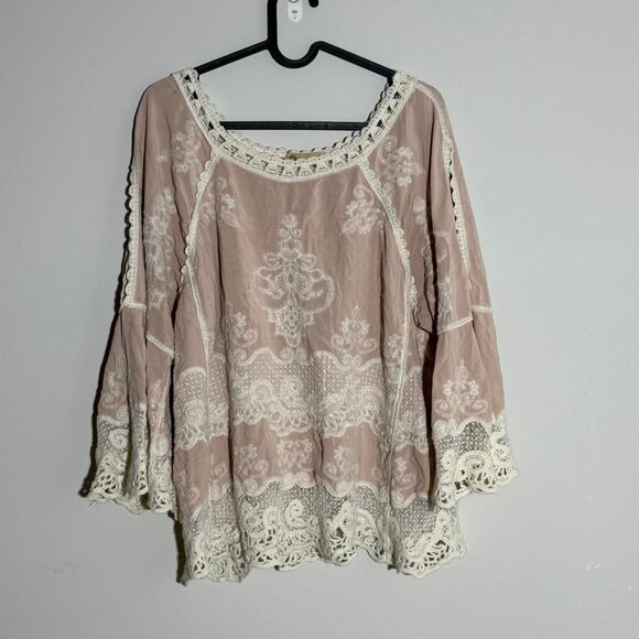DEMOCRACY Raglan Sleeve Pink lace & crochet bell sleeve top | Fairycore | Size M - Picture 4 of 7